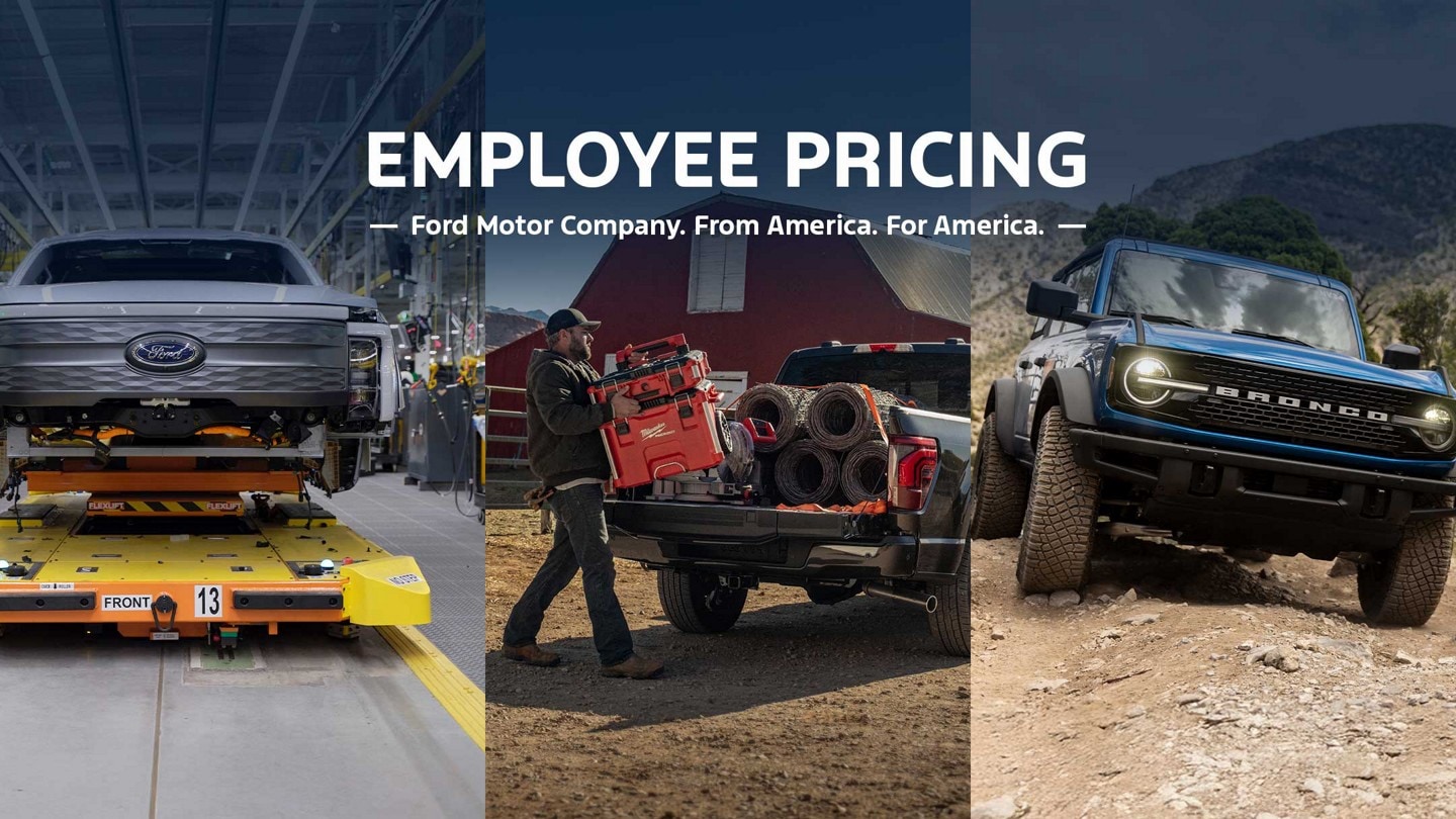 A Ford 2024 F-150 Lightning on an assembly line, a person loading a toolbox into the bed of an F-150 and a Bronco being driven on dirt