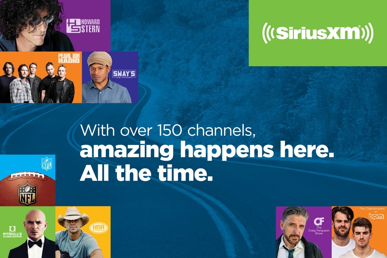 Sirius xm banner ad featuring images of various radio and musical celebrities