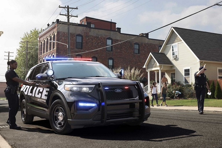Ford police interceptor utility parked in a community neighborhood