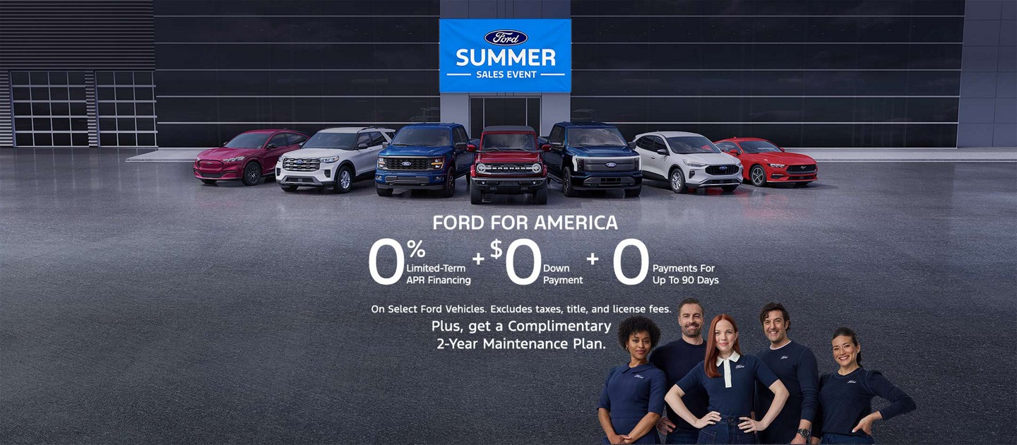 A Ford dealership with vehicles part of the Ford For America Summer Sales Event