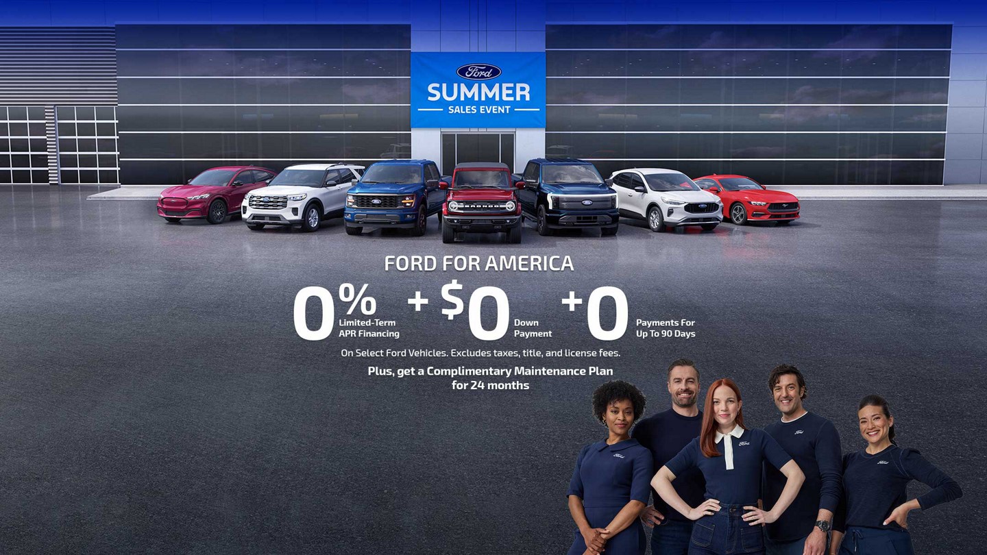 A Ford dealership with vehicles part of the Ford For America Summer Sales Event