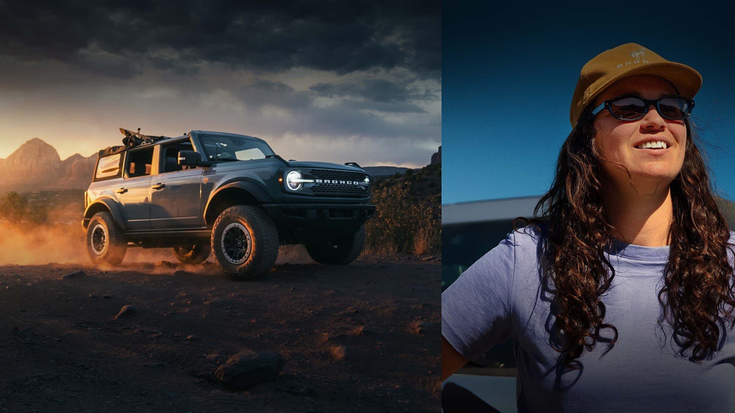 Vista dividida de una SUV Ford Bronco® 2024 de cuatro puertas y una persona parada cerca