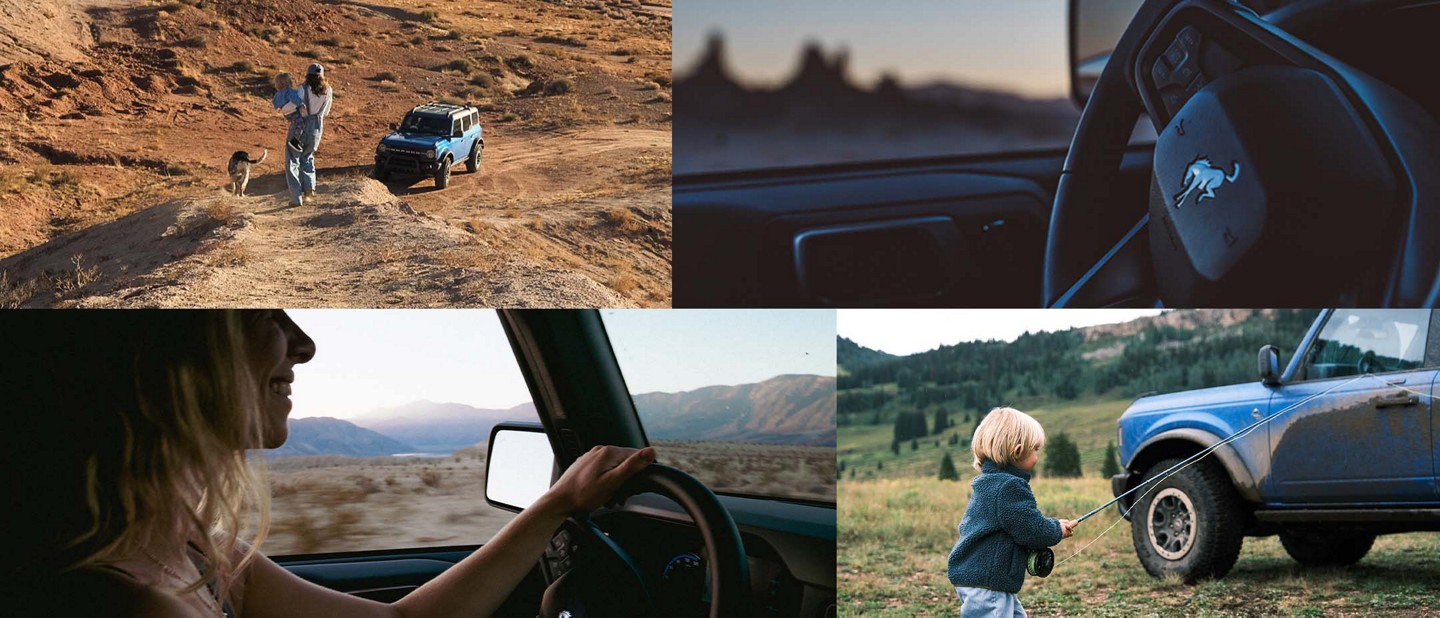 Un collage de modelos Ford Bronco® 2024 con personas manejando y cerca