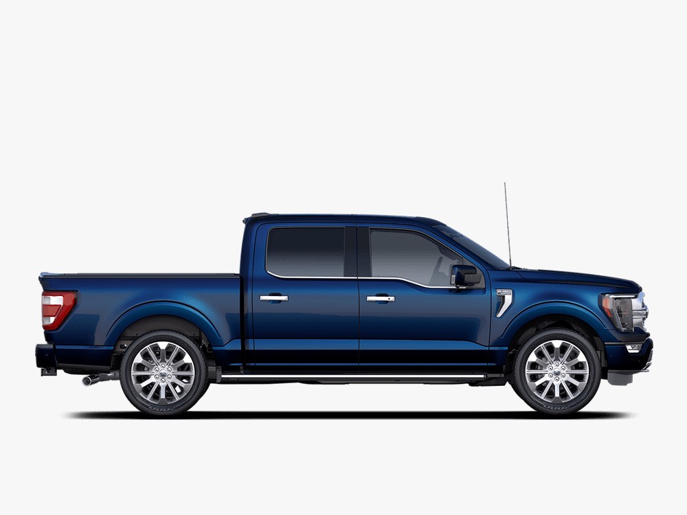Side view of a blue 2023 Ford F-150 pickup truck.