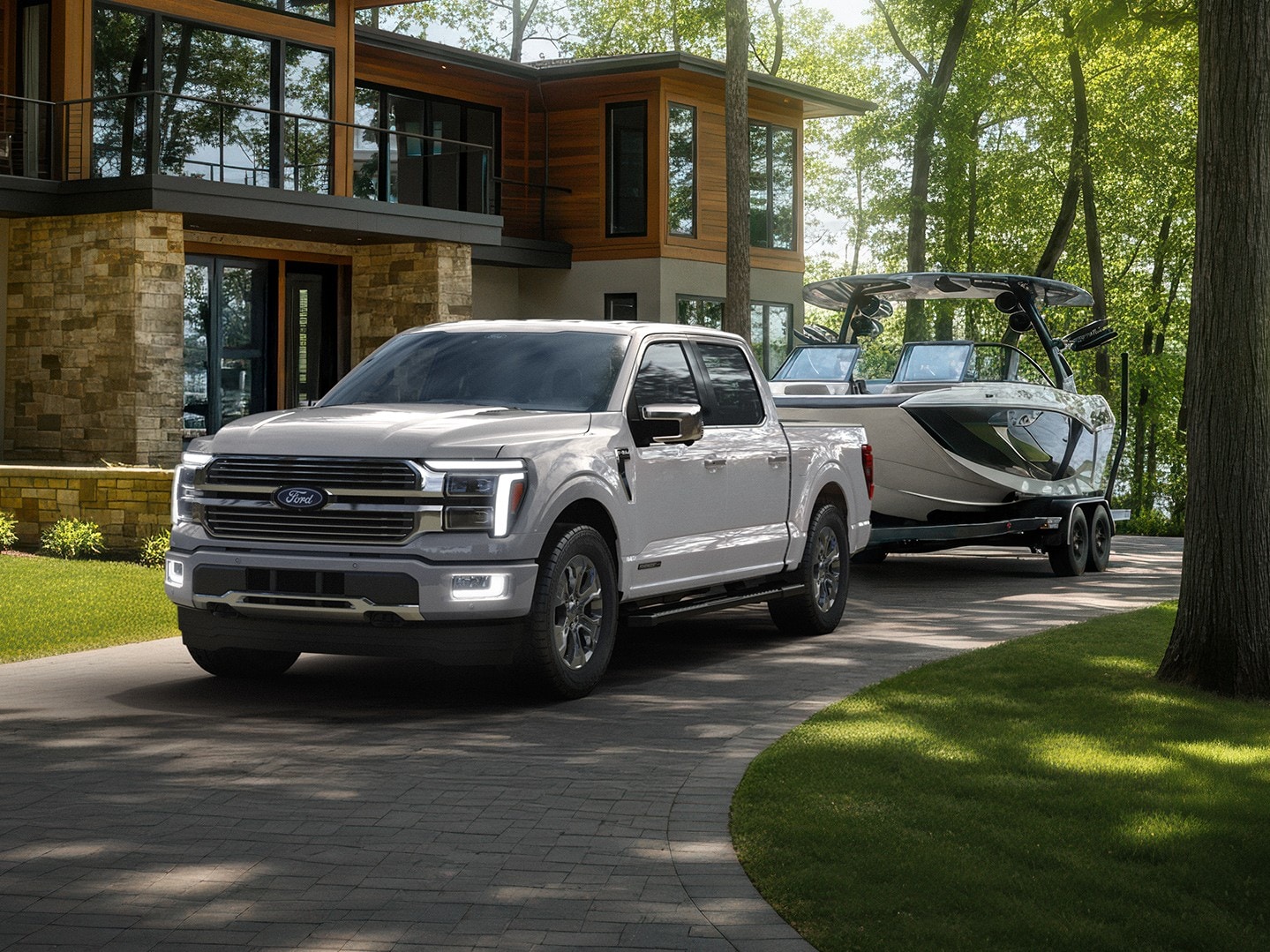 2026 Ford F-150® Platinum® model with the Satin Package parked in front of a home by water