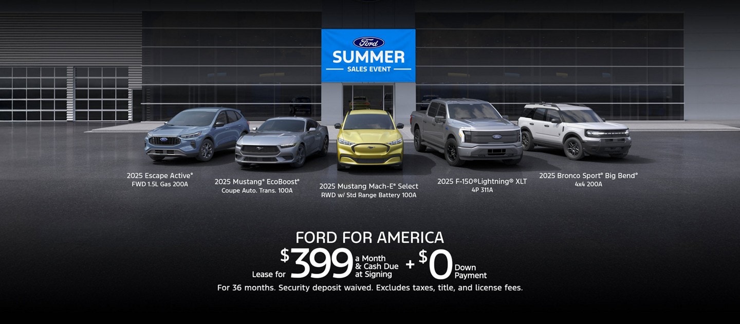 A Ford Escape®, Mustang®, Mustang Mach-E®, and Bronco Sport® lined up in front of a Ford dealership