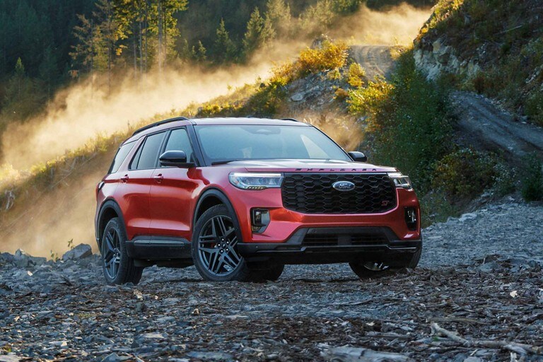 A 2025 Ford Explorer® parked on a rugged gravel mountain road