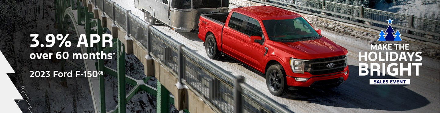 2023 Ford F-150® driving over a bridge. Make The Holidays Bright Sales Event. 3.9% APR over 60 months offer