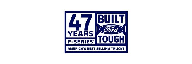 A logo with the following text: Built Ford Tough. 47 Years, F-Series: America's Best Selling Trucks