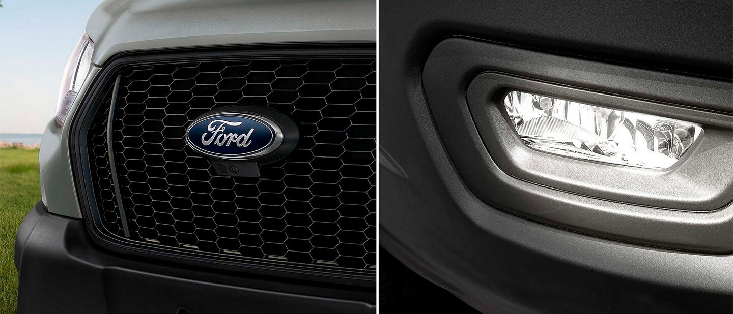 Fotos de la parrilla y los faros delanteros de una van Ford Transit® 2023